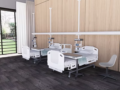 Modern Hospital Ward Interior With Two Beds Wooden Walls Medical Devices And Window 3d model