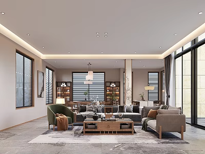 Modern Dining and Living Room Interior With Comfortable Sofa Wooden Coffee Table And Large Windows 3d model