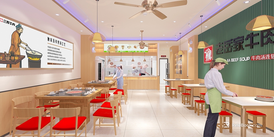 Modern Restaurant Interior With Open Kitchen Red Chairs Wooden Tables And Green Wall 3d model 