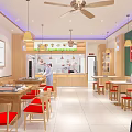 Modern Restaurant Interior With Open Kitchen Red Chairs Wooden Tables And Green Wall