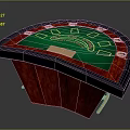 Curved Casino Gambling Table With Green Felt Surface And Red Wooden Frame