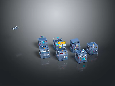 Multiple Small Blue Technical Devices Featuring Various Designs And Control Panels On Reflective Gray Background 3d model