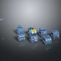 Multiple Small Blue Technical Devices Featuring Various Designs And Control Panels On Reflective Gray Background 3d model