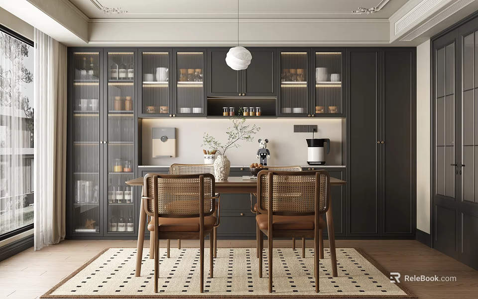 Elegant Modern Dining Room Interior With Dark Cabinets Wooden Table Wicker Chairs And Pendant Lamp 3d model 