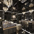 Luxury KTV Interior With Crystal Chandeliers Black Gold Decor Comfortable Sofas And Marble Floors