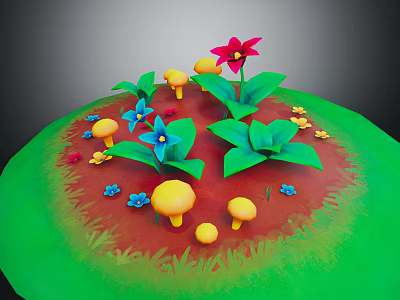 Vibrant Garden Plants With Red Blue Flowers Yellow Mushrooms And Green Leaves 3d model