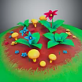 Vibrant Garden Plants With Red Blue Flowers Yellow Mushrooms And Green Leaves