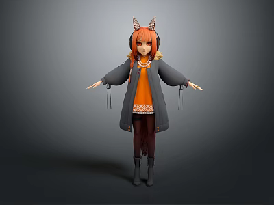 3D Anime Style Game And Movie Character With Orange Hair Antler Headpiece And Gray Coat 3d model