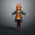 3D Anime Style Game And Movie Character With Orange Hair Antler Headpiece And Gray Coat