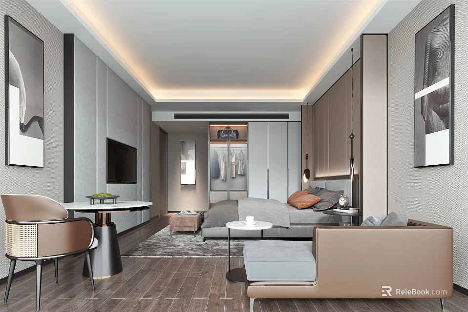 Modern Bedroom Interior Design With Comfortable Bed Sofa Wall TV And Decorative Lighting 3d model 