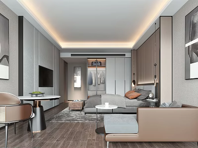Modern Bedroom Interior Design With Comfortable Bed Sofa Wall TV And Decorative Lighting 3d model
