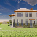 Single Family House With White Exterior Stone Base Large Windows Orange Roof And Green Lawn