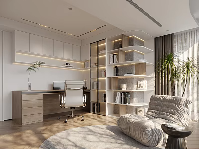 Modern Study Room Interior With Wooden Desk Ergonomic Chair Open Bookshelf And Green Plants 3d model