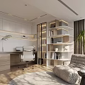 Modern Study Room Interior With Wooden Desk Ergonomic Chair Open Bookshelf And Green Plants