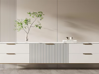 Modern Minimalist White TV Stand Design With Drawer Storage And Decorative Plant 3d model