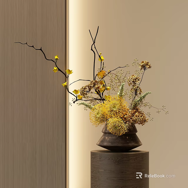 Dark Brown Ceramic Vase With Yellow Flowers And Decorative Branches On Wooden Base 3d model 