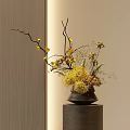 Dark Brown Ceramic Vase With Yellow Flowers And Decorative Branches On Wooden Base