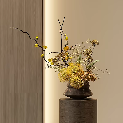 Dark Brown Ceramic Vase With Yellow Flowers And Decorative Branches On Wooden Base 3d model