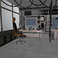 Industrial Style Workspace Interior With Orange Office Chair Computer Desk And Large Windows