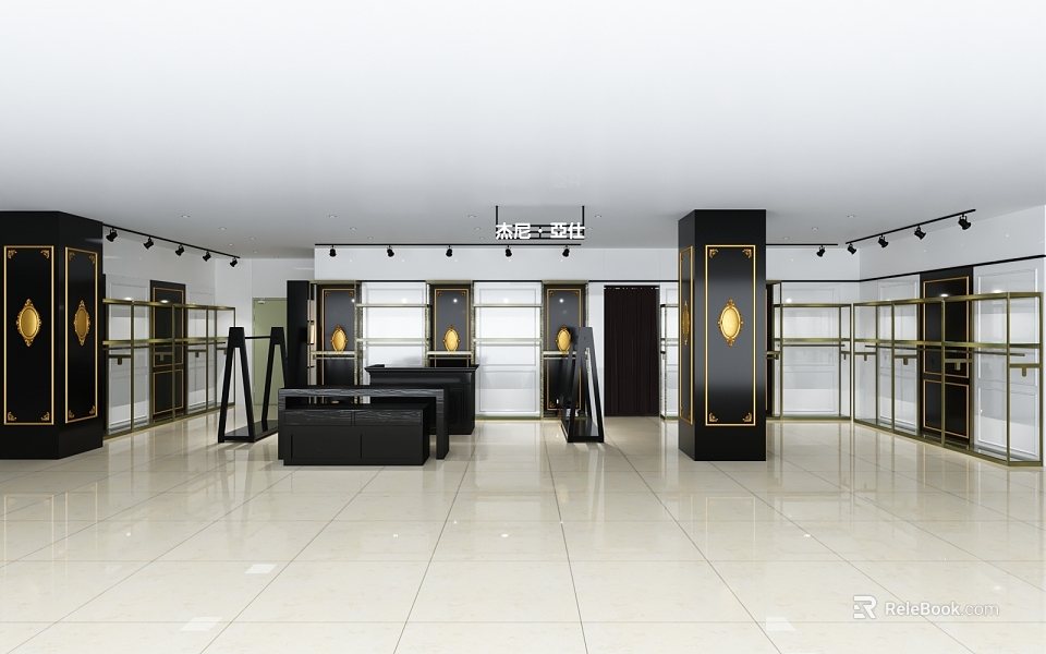 Modern Luxury Boutique with Spacious Display Shelves Black Counter Gold Accents and White Floor Tiles 3d model 