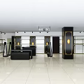 Modern Luxury Boutique with Spacious Display Shelves Black Counter Gold Accents and White Floor Tiles