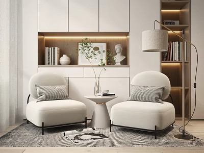 Two White Casual Sofa Chairs Set With Small Round Side Table Potted Plant And Floor Lamp 3d model