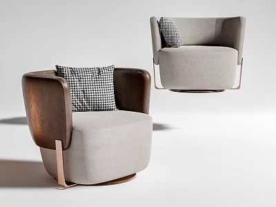 Modern Minimalist Single Sofa With Light Gray Upholstery Wooden Armrests Metal Legs And Checkered Pillow 3d model