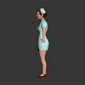 Woman Nurse 3D Model Standing in Blue Uniform with Red Shoes on Gray Background