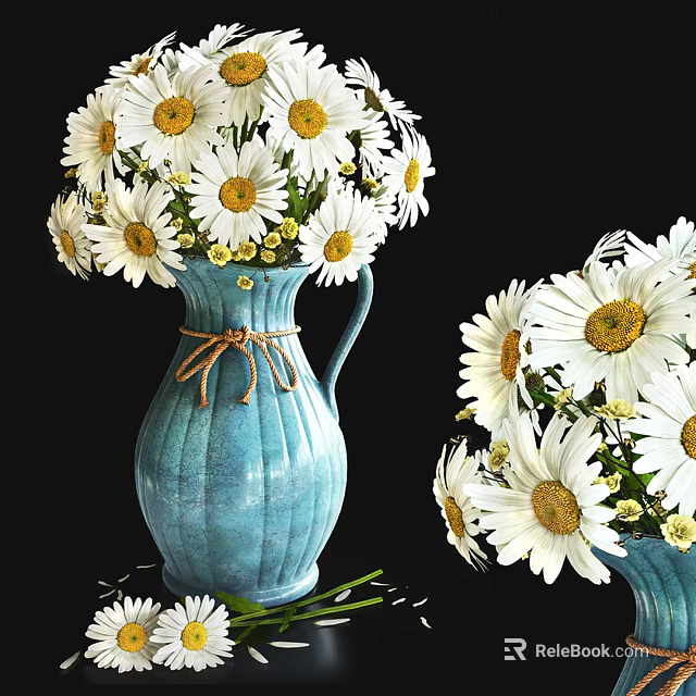 Blue Vase With White Daisies And Twine Decoration For Home Decor 3d model 