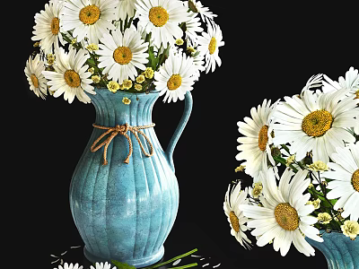 Blue Vase With White Daisies And Twine Decoration For Home Decor 3d model