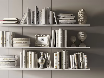 Decorative Ornament Set with White Bookshelves Books Photo Frame Vase and Textured Decor 3d model