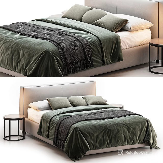 Double Bed in Modern Bedroom with Green Bedding Gray Blanket Pillows and Round Nightstand 3d model 