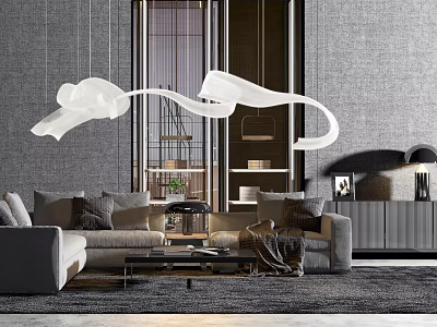 Modern Sofa And Coffee Table Set With Elegant Pendant Light And Cabinet 3d model
