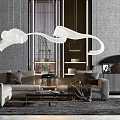 Modern Sofa And Coffee Table Set With Elegant Pendant Light And Cabinet