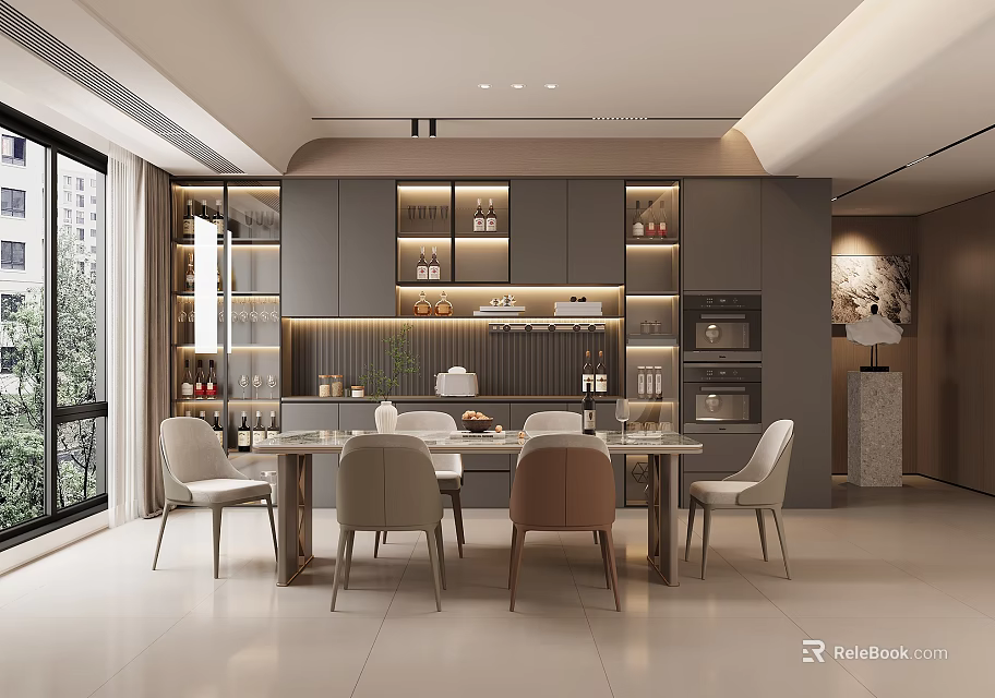 Modern Restaurant Interior Design With Dining Table Chairs Cabinets And Wine Racks 3d model