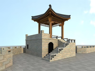 Traditional Chinese Pavilion With Wooden Roof Stone Base Stairs And Surrounding Walls 3d model