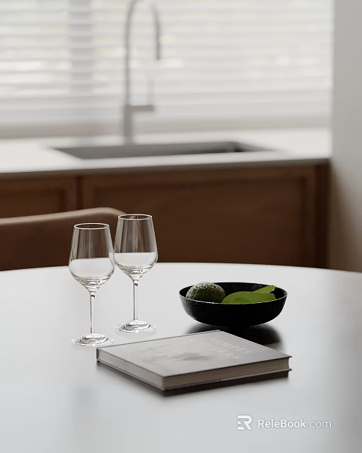 Cozy Kitchen Interior With Table Wine Glasses Bowl Green Fruits And Book 3d model 