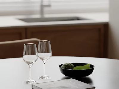 Cozy Kitchen Interior With Table Wine Glasses Bowl Green Fruits And Book 3d model
