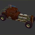 Vintage Red Rusty Car With Exposed Engine And Large Off Road Tires
