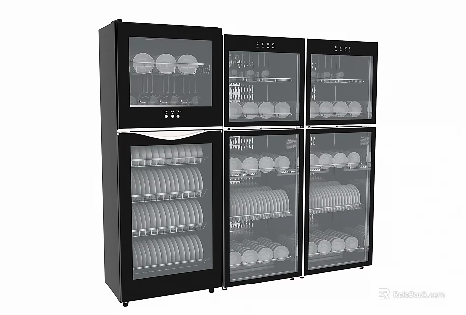 Black Kitchen Dish Sterilizer Appliance With Multiple Glass Doors And Shelves Holding Dishes And Bowls 3d model 