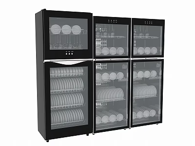 Black Kitchen Dish Sterilizer Appliance With Multiple Glass Doors And Shelves Holding Dishes And Bowls 3d model