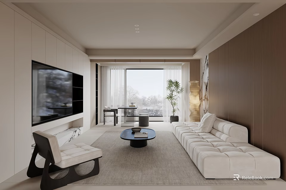 Modern Living Room Interior With White Sofa Coffee Table Potted Plant And Floor To Ceiling Window 3d model 