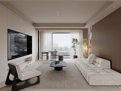 Modern Living Room Interior With White Sofa Coffee Table Potted Plant And Floor To Ceiling Window 3d model