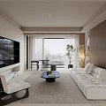 Modern Living Room Interior With White Sofa Coffee Table Potted Plant And Floor To Ceiling Window