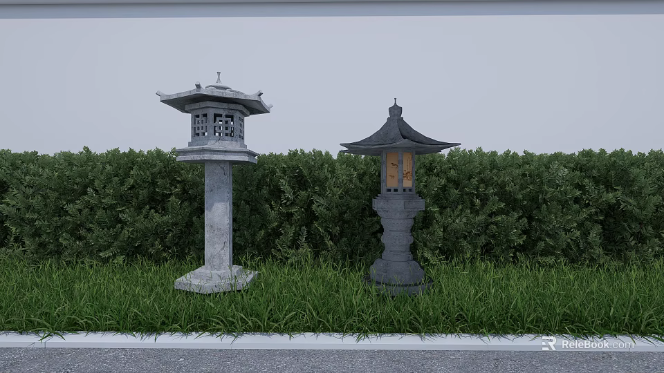 Traditional Japanese Stone Lanterns As Garden Ornaments With Green Shrubs Grass And Stone Pathway 3d model 
