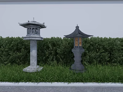 Traditional Japanese Stone Lanterns As Garden Ornaments With Green Shrubs Grass And Stone Pathway 3d model