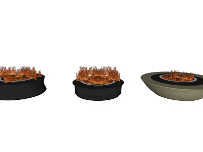 Three Different Shaped Fire Pits With Burning Flames And Black Gray Bases 3d model