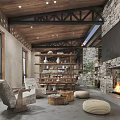 Rustic Restaurant Interior With Wooden Ceiling Tables Chairs Stone Wall And Open Bar Counter