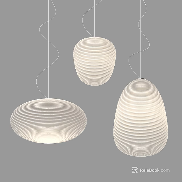 Three Modern Textured White Oval Pendant Lights Hanging Against Gray Background 3d model 
