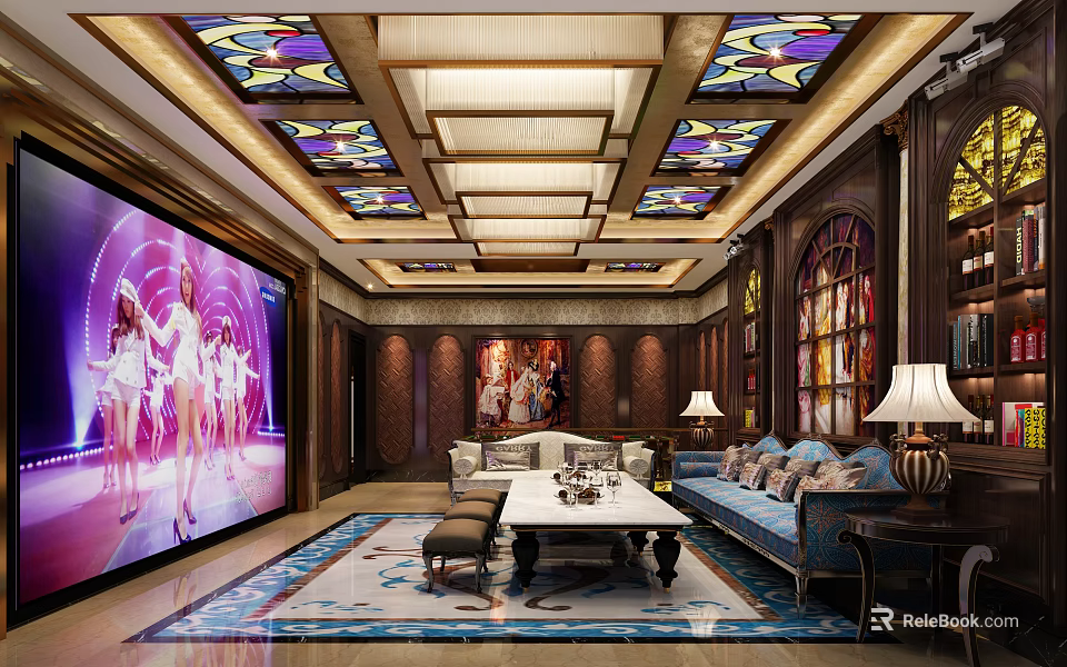 Luxurious KTV Lounge Interior With Stained Glass Ceiling Large Screen And Comfortable Sofas 3d model 